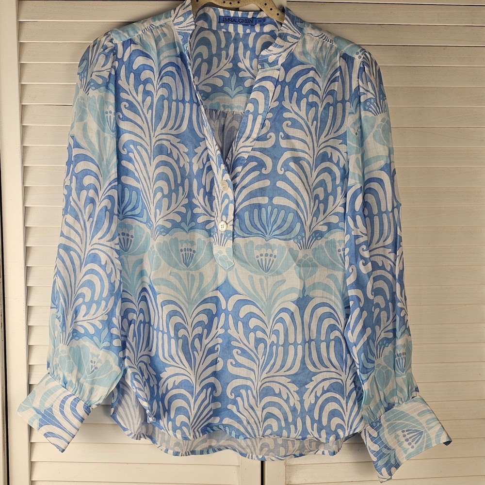 NWOT J McLaughlin Womens Blue White Print Long Sleeve V‎ Neck Top Blouse XS - Picture 2 of 6